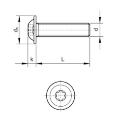 ISO 7380-2 típusú TORX domború fejű peremes csavar, fém menetű csavar méretek